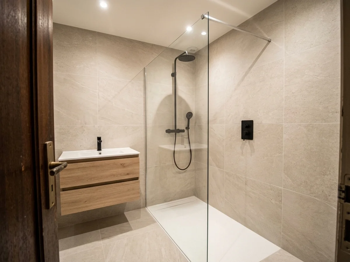 Rénovation complète de salle de bain avec douche à l'italienne et carrelage marbre à Vincennes