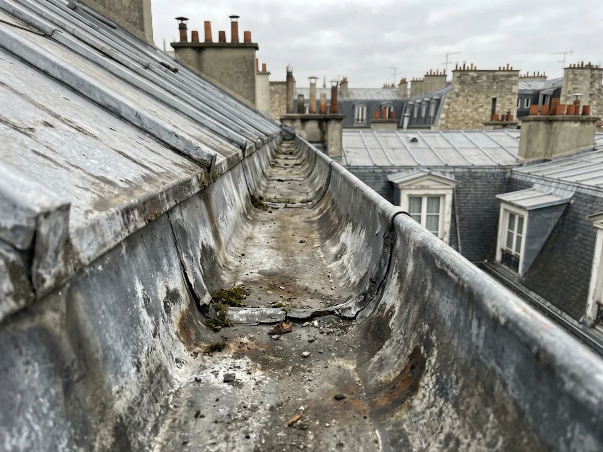 Chéneau en zinc fissuré et oxydé avant réfection étanchéité à Vincennes.